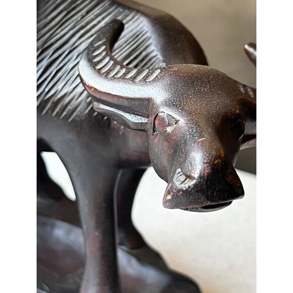 Hand-Carved Wooden Sculpture Of Man On Water Buffalo Vintage - Picture 3 of 15